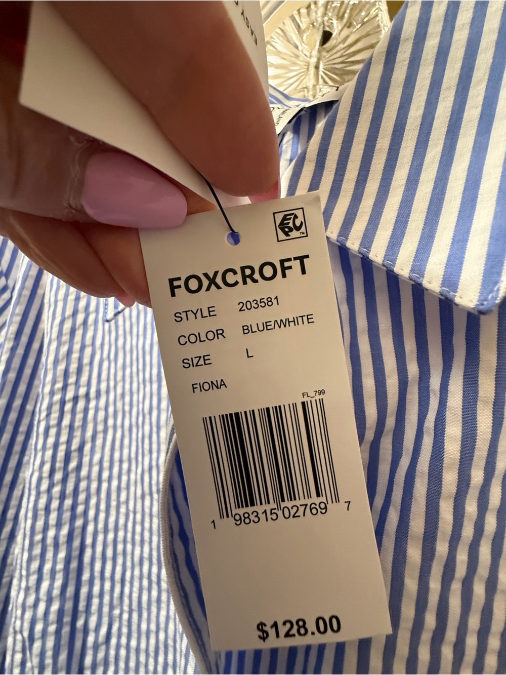 Foxcroft Fiona Blue White Stripe Seersucker Shirt Dress L NWT - Picture 8 of 8